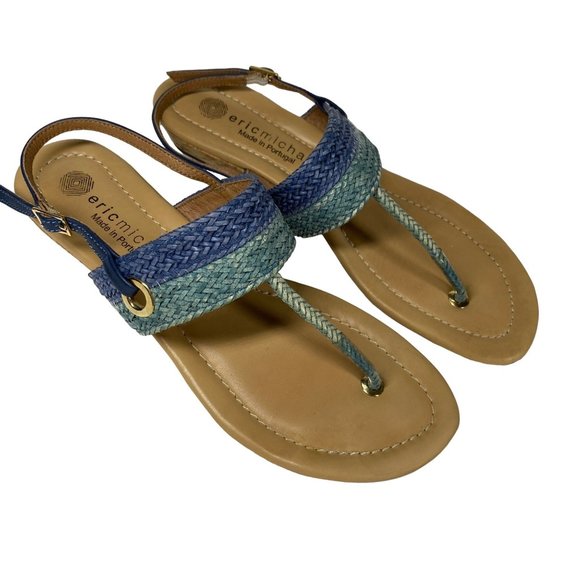Eric Michael leather T strap thong wedge sandal blue teal heel strap Sz 40 / 9 - Picture 2 of 13